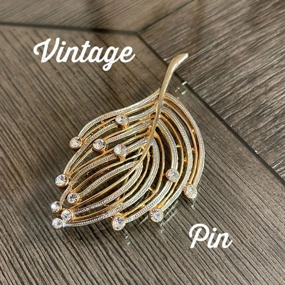 Vintage Feather &โRhinestone Two-tone Pin